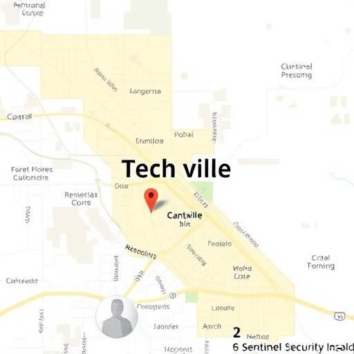 Map showing the general location of Sentinel Security Solutions in Techville, CA